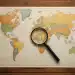 Lupa ampliando detalhes no mapa-múndi.