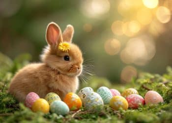 Coelho marrom com flor amarela na orelha cercado por ovos de Páscoa coloridos no gramado.