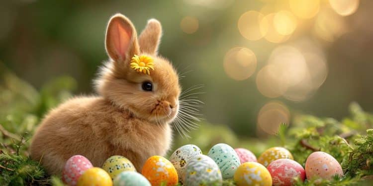 Coelho marrom com flor amarela na orelha cercado por ovos de Páscoa coloridos no gramado.