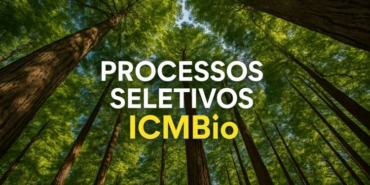 Floresta vista de baixo com texto 'Processos Seletivos ICMBio'.