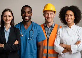 Quatro profissionais de diferentes áreas sorrindo.