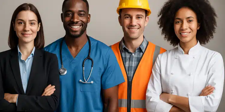 Quatro profissionais de diferentes áreas sorrindo.