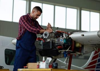 Técnico de manutenção aeronáutica realizando ajustes no motor de um pequeno avião dentro de um hangar.