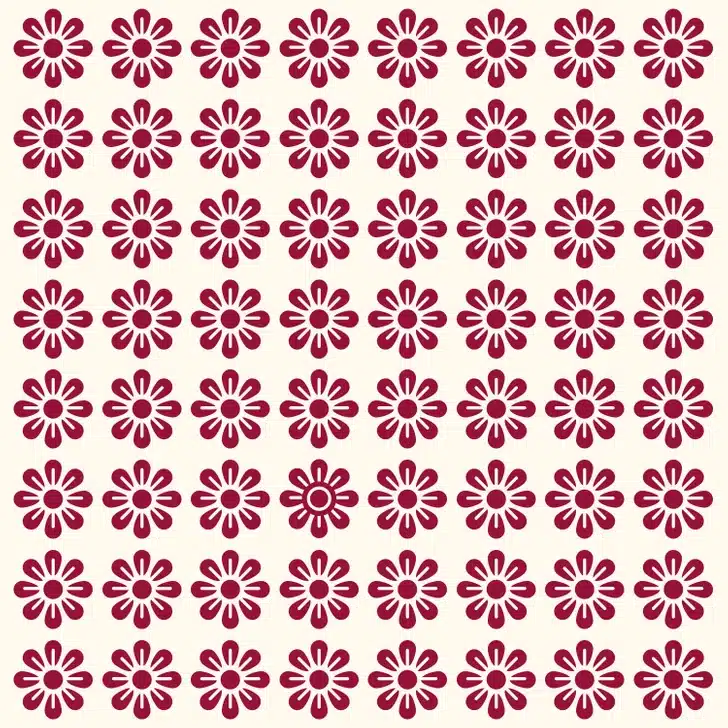 Teste visual com várias flores vermelhas padronizadas e uma flor diferente centralizada entre elas