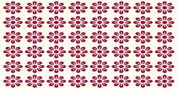 Teste visual com várias flores vermelhas padronizadas e uma flor diferente centralizada entre elas