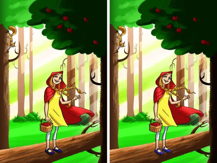 Teste visual com menina fantasiada segurando cesta em tronco de árvore com esquilo e maçãs