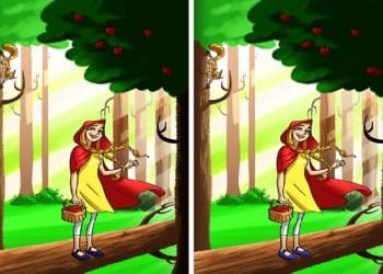 Teste visual com menina fantasiada segurando cesta em tronco de árvore com esquilo e maçãs