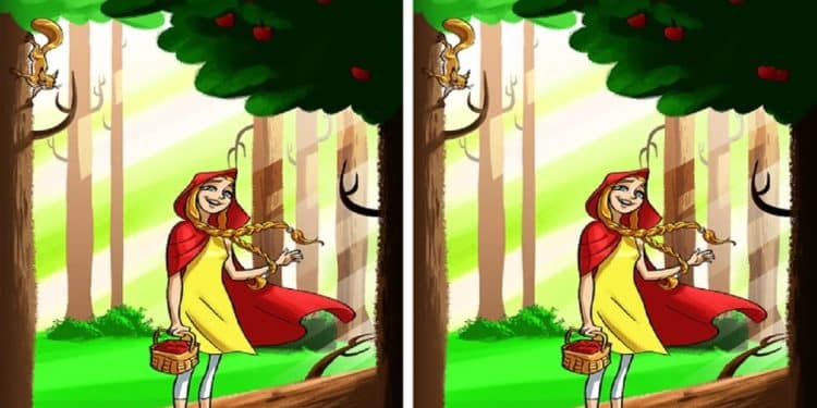 Teste visual com menina fantasiada segurando cesta em tronco de árvore com esquilo e maçãs