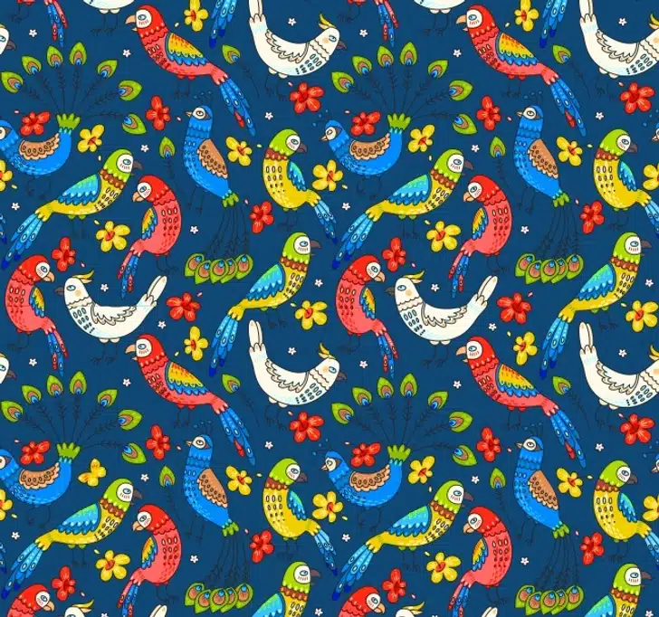 Teste visual com um desenho de pássaros multicoloridos entre flores em fundo azul escuro desafiando o olhar a encontrar uma borboleta escondida