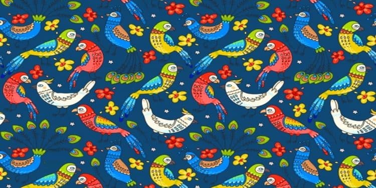 Teste visual com um desenho de pássaros multicoloridos entre flores em fundo azul escuro desafiando o olhar a encontrar uma borboleta escondida