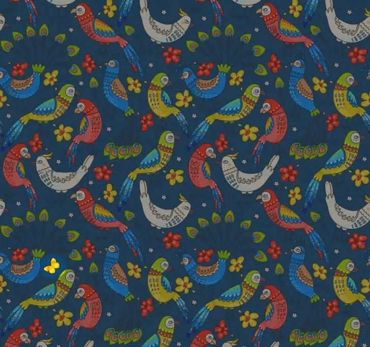 Teste visual com um desenho de pássaros multicoloridos entre flores em fundo azul escuro desafiando o olhar a encontrar uma borboleta escondida