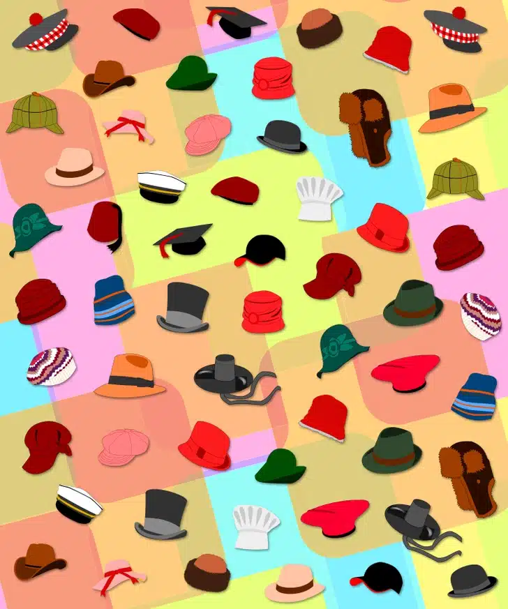 Teste visual com diversos chapéus de estilos e cores variados distribuídos sobre fundo geométrico colorido