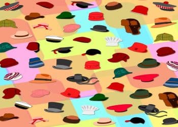 Teste visual com diversos chapéus de estilos e cores variados distribuídos sobre fundo geométrico colorido