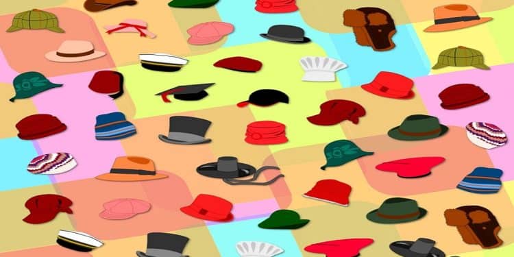 Teste visual com diversos chapéus de estilos e cores variados distribuídos sobre fundo geométrico colorido