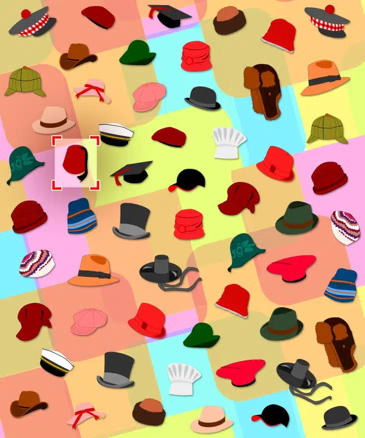 Teste visual com diversos chapéus de estilos e cores variados distribuídos sobre fundo geométrico colorido