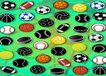 Teste de atenção com diversos tipos de bolas esportivas organizadas em padrão sobre fundo verde com formas abstratas