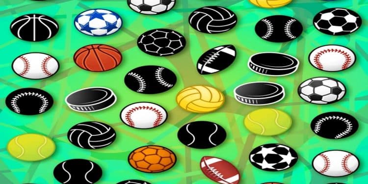 Teste de atenção com diversos tipos de bolas esportivas organizadas em padrão sobre fundo verde com formas abstratas