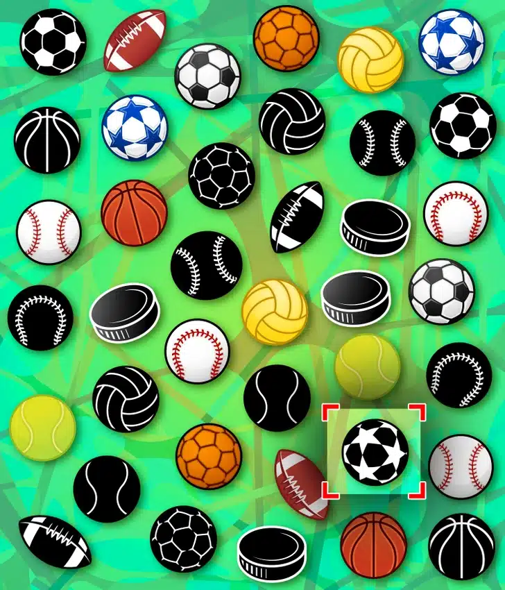 Teste de atenção com diversos tipos de bolas esportivas organizadas em padrão sobre fundo verde com formas abstratas