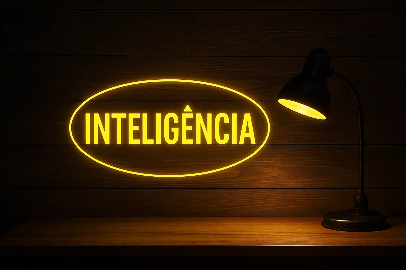 Letreiro luminoso com a palavra "INTELIGÊNCIA" ao lado de luminária acesa sobre mesa de madeira.