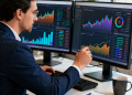 Um analista financeiro de terno azul e óculos, sentado em um escritório moderno, aponta com uma caneta para um monitor que exibe gráficos de crescimento e estatísticas coloridas. Ele está focado em duas telas grandes, ao lado de um caderno e uma caneca.
