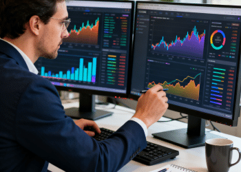 Um analista financeiro de terno azul e óculos, sentado em um escritório moderno, aponta com uma caneta para um monitor que exibe gráficos de crescimento e estatísticas coloridas. Ele está focado em duas telas grandes, ao lado de um caderno e uma caneca.