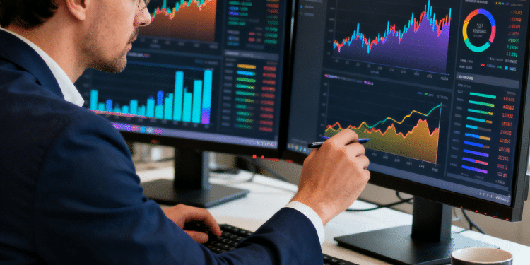 Um analista financeiro de terno azul e óculos, sentado em um escritório moderno, aponta com uma caneta para um monitor que exibe gráficos de crescimento e estatísticas coloridas. Ele está focado em duas telas grandes, ao lado de um caderno e uma caneca.