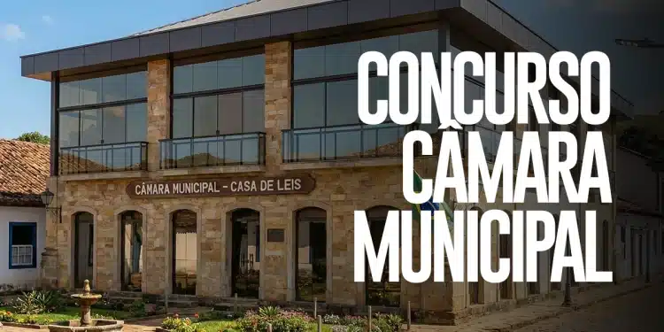 Fachada de Câmara Municipal Casa de Leis com a inscrição Concurso Câmara Municipal, representando os editais abertos em 2026 com salários de até R$ 11.903,79