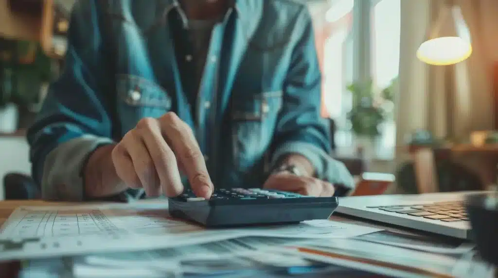 Pessoa utilizando calculadora para simular condições de renegociação de dívidas bancárias durante mutirão financeiro