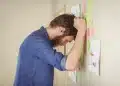 Homem frustrado encostando a cabeça em um mural com post-its coloridos, simbolizando dificuldade em organizar rotinas e controlar impulsos.