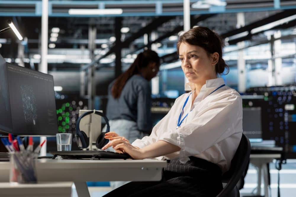 Mulher de camisa branca operando um computador em um centro de dados ou escritório de tecnologia moderno.