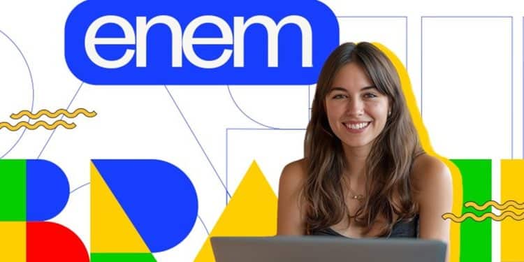 Jovem sorrindo em frente a notebook com logomarca do Enem ao fundo — isenção taxa Enem 2026 treineiro