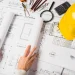 Plano de construção com ferramentas de engenharia, como régua, compasso e lupa, representando o trabalho de um engenheiro.