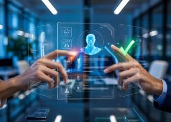 Representação digital de mãos interagindo com interfaces holográficas de perfis profissionais e um check verde, simbolizando a seleção e preparação com IA.