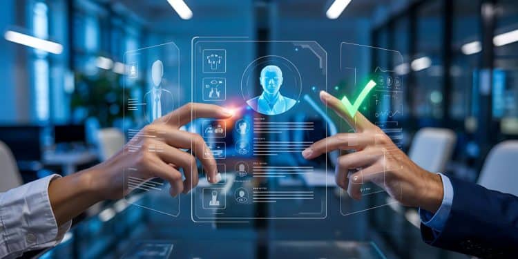 Representação digital de mãos interagindo com interfaces holográficas de perfis profissionais e um check verde, simbolizando a seleção e preparação com IA.
