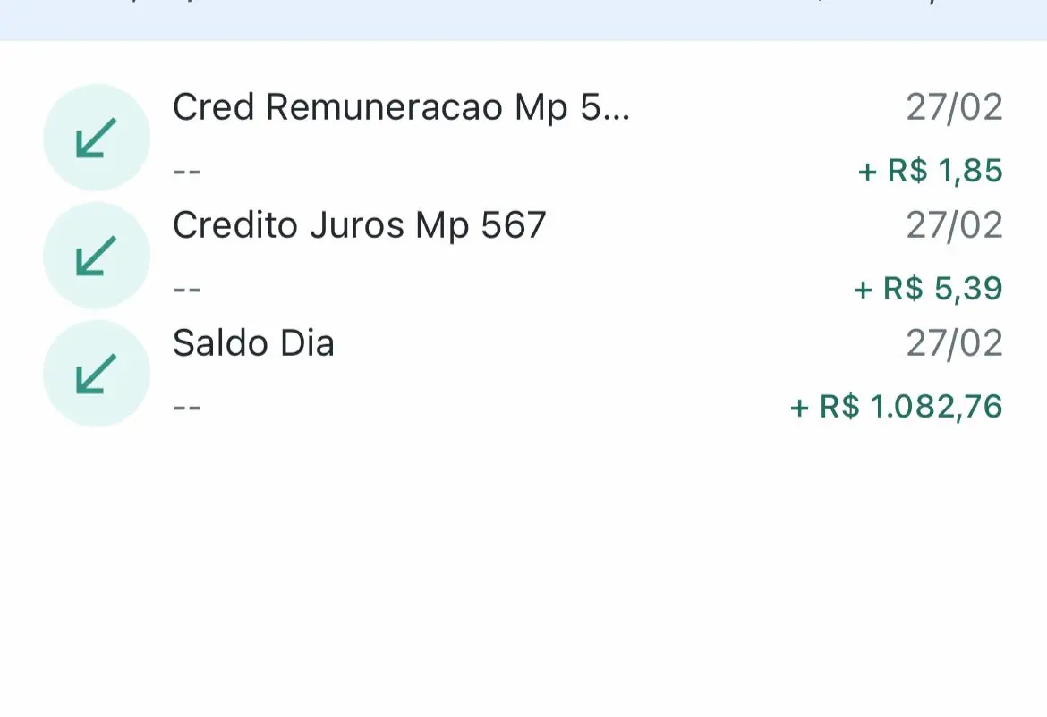 Extrato do Caixa Tem mostrando crédito do Pé-de-Meia com rendimentos em 27 de fevereiro.