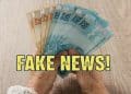 Imagem ilustrativa com notas de real e a expressão fake news, em referência aos boatos sobre o 13º salário do INSS em 2026, como o falso 14º salário e o abono que não existe para quem recebe BPC