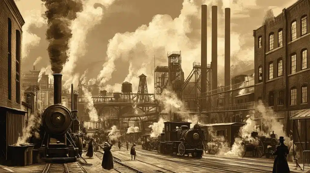 "Cena representando trabalhadores da Revolução Industrial com trens a vapor e fábricas, ilustrando o impacto social e econômico da época