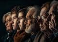 Perfil de várias pessoas de diferentes idades, de crianças a idosos, alinhadas lado a lado sobre um fundo escuro, representando gerações familiares.