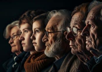 Perfil de várias pessoas de diferentes idades, de crianças a idosos, alinhadas lado a lado sobre um fundo escuro, representando gerações familiares.