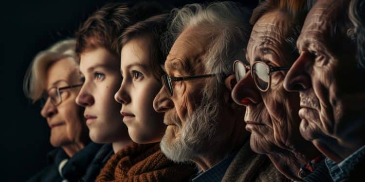 Perfil de várias pessoas de diferentes idades, de crianças a idosos, alinhadas lado a lado sobre um fundo escuro, representando gerações familiares.