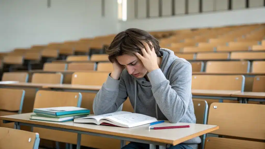 Estudante com expressão de tensão emocional estudando sozinho em sala de aula vazia.