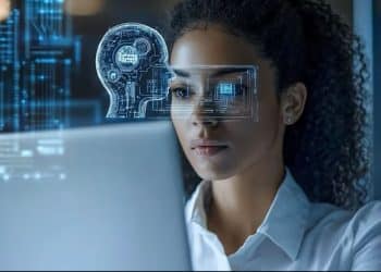 Profissional analisando sistema de inteligência artificial em ambiente tecnológico moderno