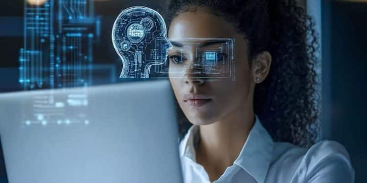 Profissional analisando sistema de inteligência artificial em ambiente tecnológico moderno