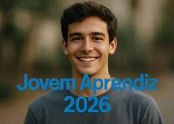 Jovem rapaz sorrindo com texto Jovem Aprendiz 2026 em destaque