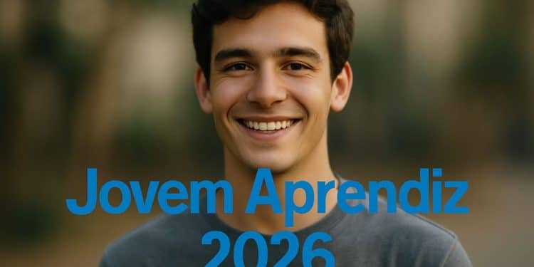 Jovem rapaz sorrindo com texto Jovem Aprendiz 2026 em destaque