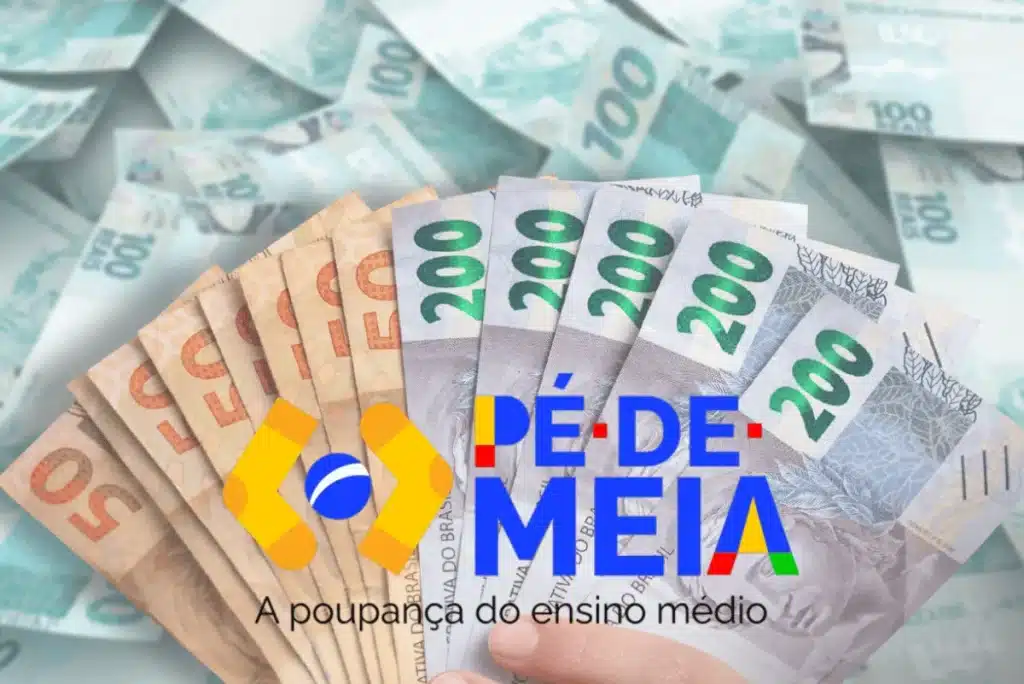 Notas de dinheiro com o logo do programa Pé-de-Meia, simbolizando o processo de pagamentos escalonados para estudantes.