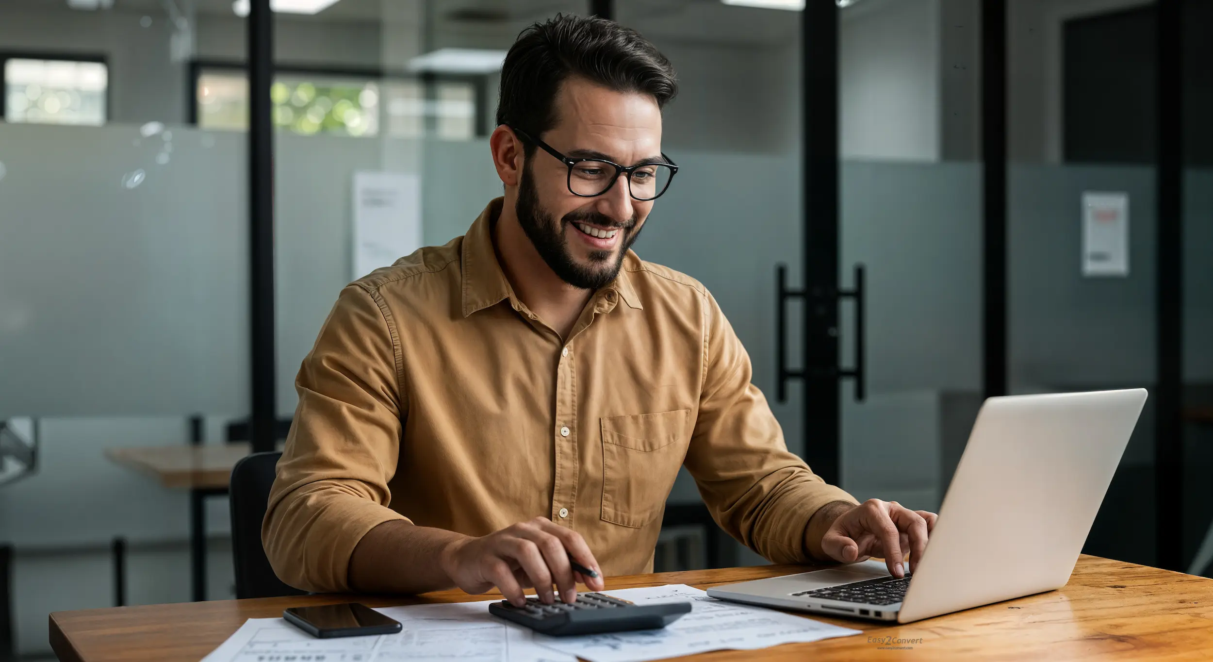 Homem utilizando notebook e calculadora para verificar débitos e pendências fiscais na plataforma digital da Receita Federal.