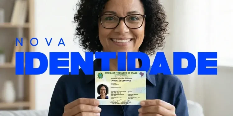 Mulher sorrindo segurando a nova Carteira de Identidade Nacional do Brasil.