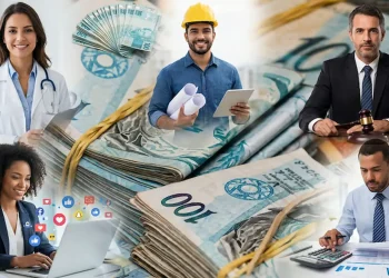 Profissionais de diferentes campos como saúde, engenharia, direito, marketing e finanças representando carreiras com altos salários.