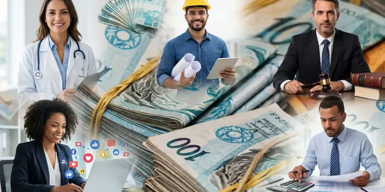 Profissionais de diferentes campos como saúde, engenharia, direito, marketing e finanças representando carreiras com altos salários.